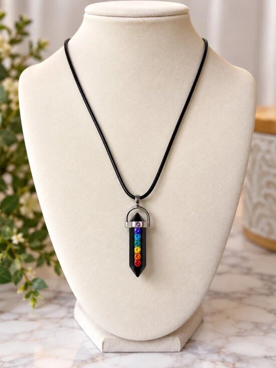 Crystal Jewelry - Black Crystal Point Rainbow Chakra Pendant Necklace Silver Tone